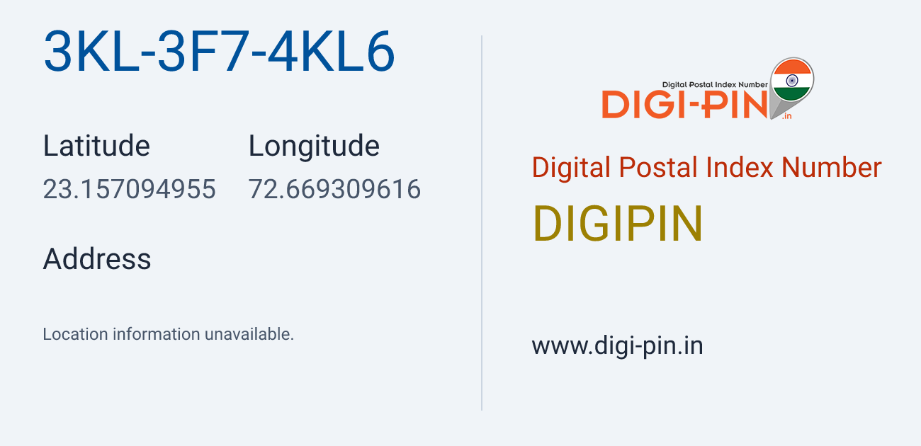 DigiPin 3KL-3F7-4KL6 location map showing coordinates 23.157095, 72.669310