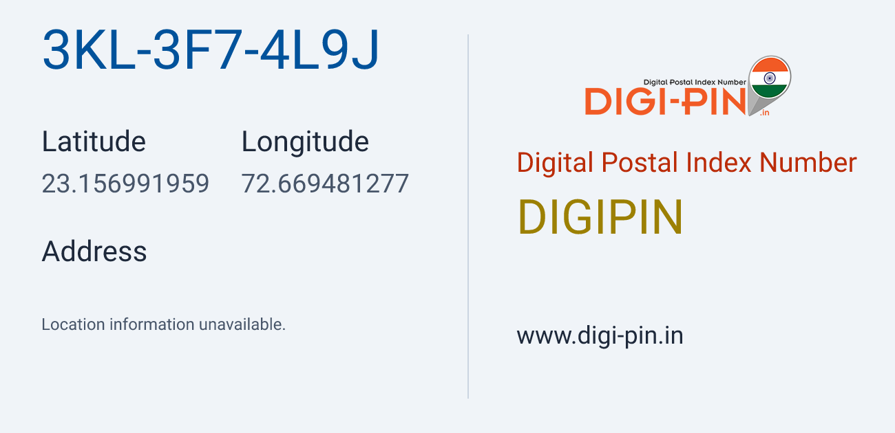 DigiPin 3KL-3F7-4L9J location map showing coordinates 23.156992, 72.669481