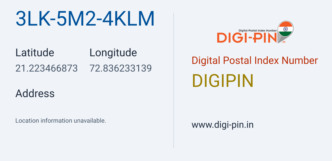 DigiPin 3LK-5M2-4KLM location map showing coordinates 21.223467, 72.836233