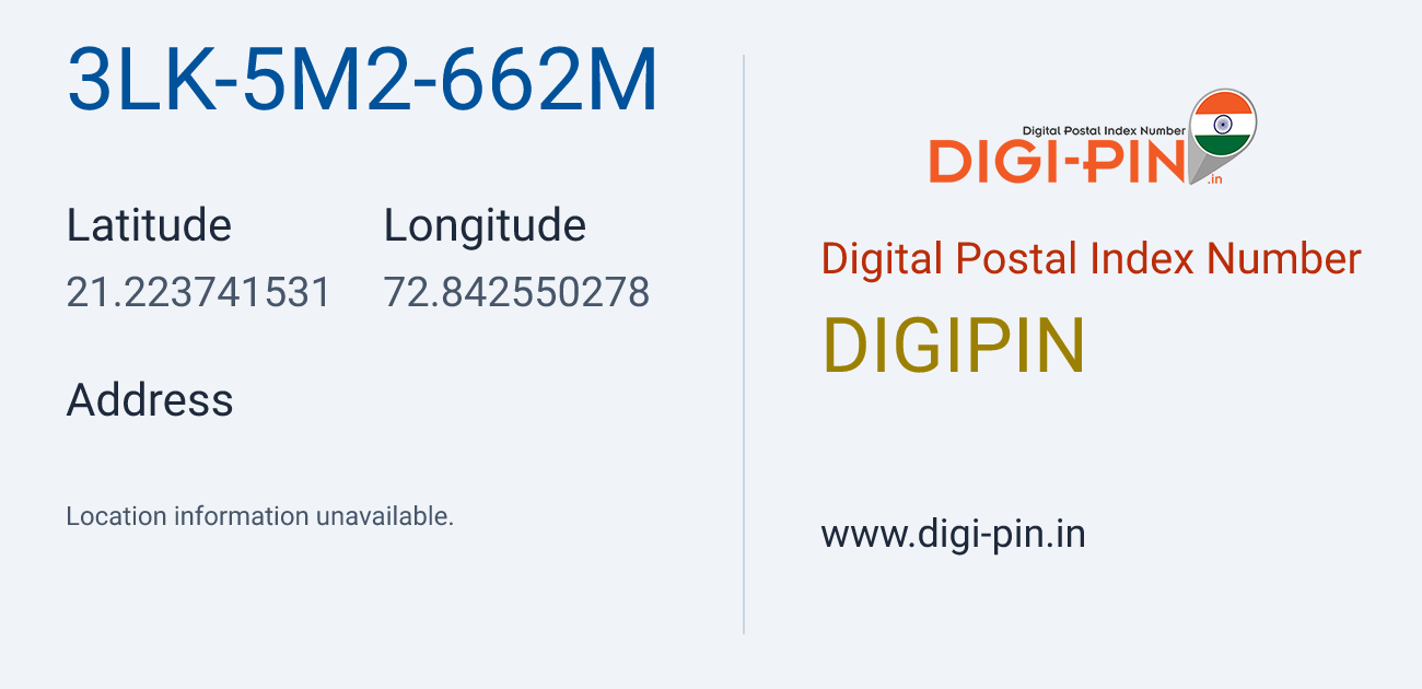 DigiPin 3LK-5M2-662M location map showing coordinates 21.223742, 72.842550