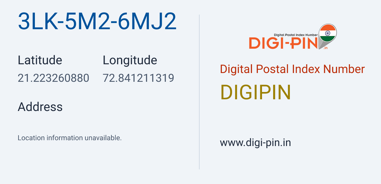 DigiPin 3LK-5M2-6MJ2 location map showing coordinates 21.223261, 72.841211