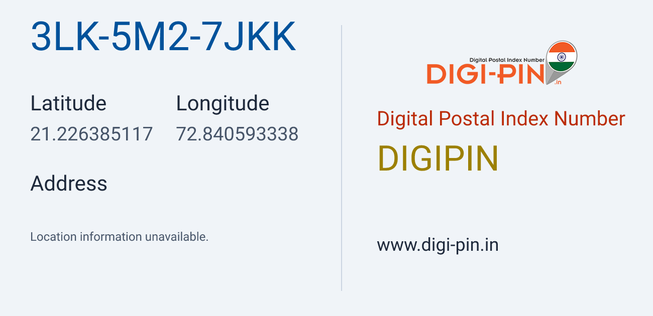 DigiPin 3LK-5M2-7JKK location map showing coordinates 21.226385, 72.840593