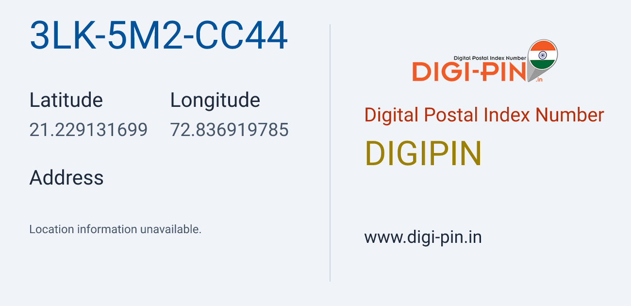 DigiPin 3LK-5M2-CC44 location map showing coordinates 21.229132, 72.836920