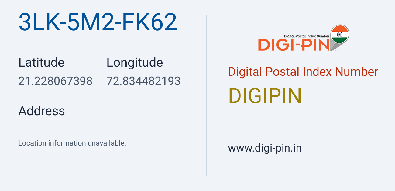 DigiPin 3LK-5M2-FK62 location map showing coordinates 21.228067, 72.834482