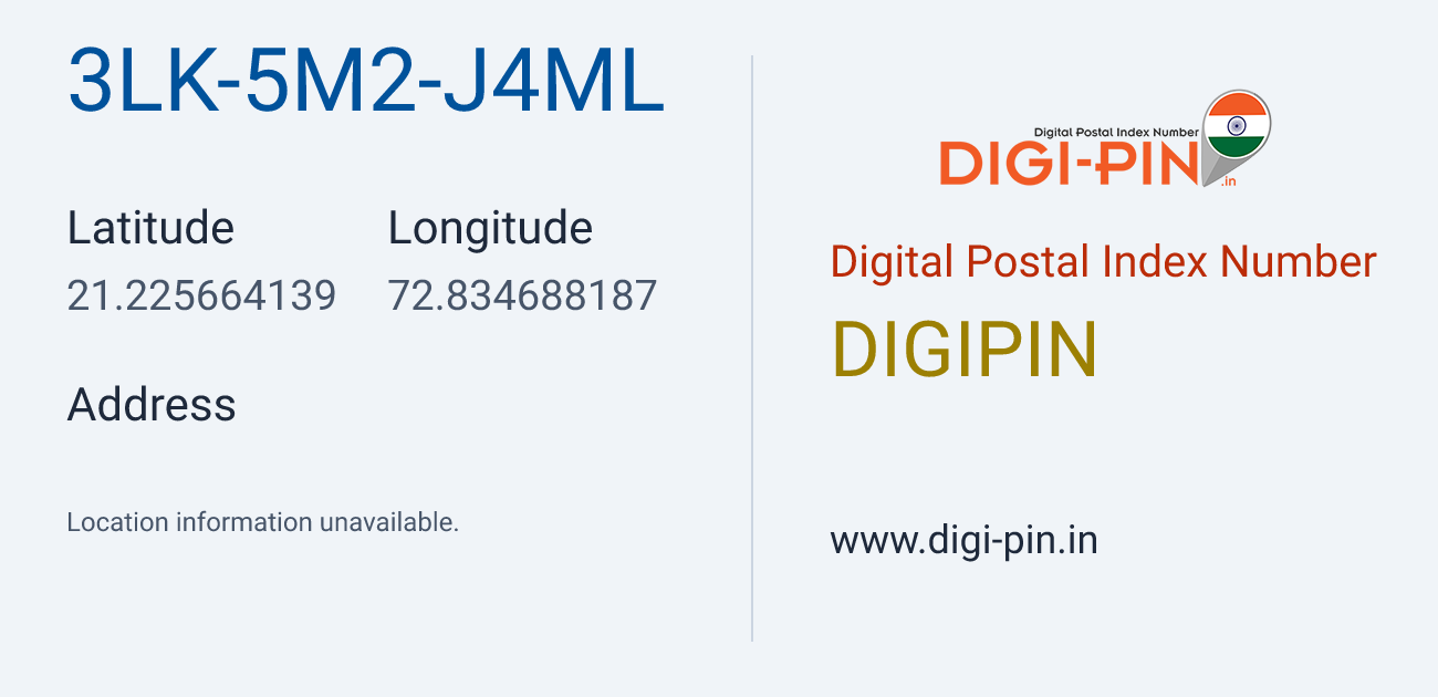 DigiPin 3LK-5M2-J4ML location map showing coordinates 21.225664, 72.834688