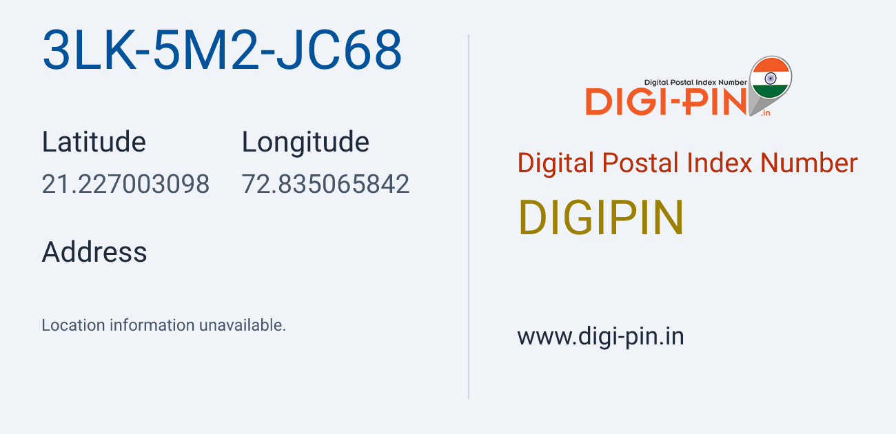 DigiPin 3LK-5M2-JC68 location map showing coordinates 21.227003, 72.835066