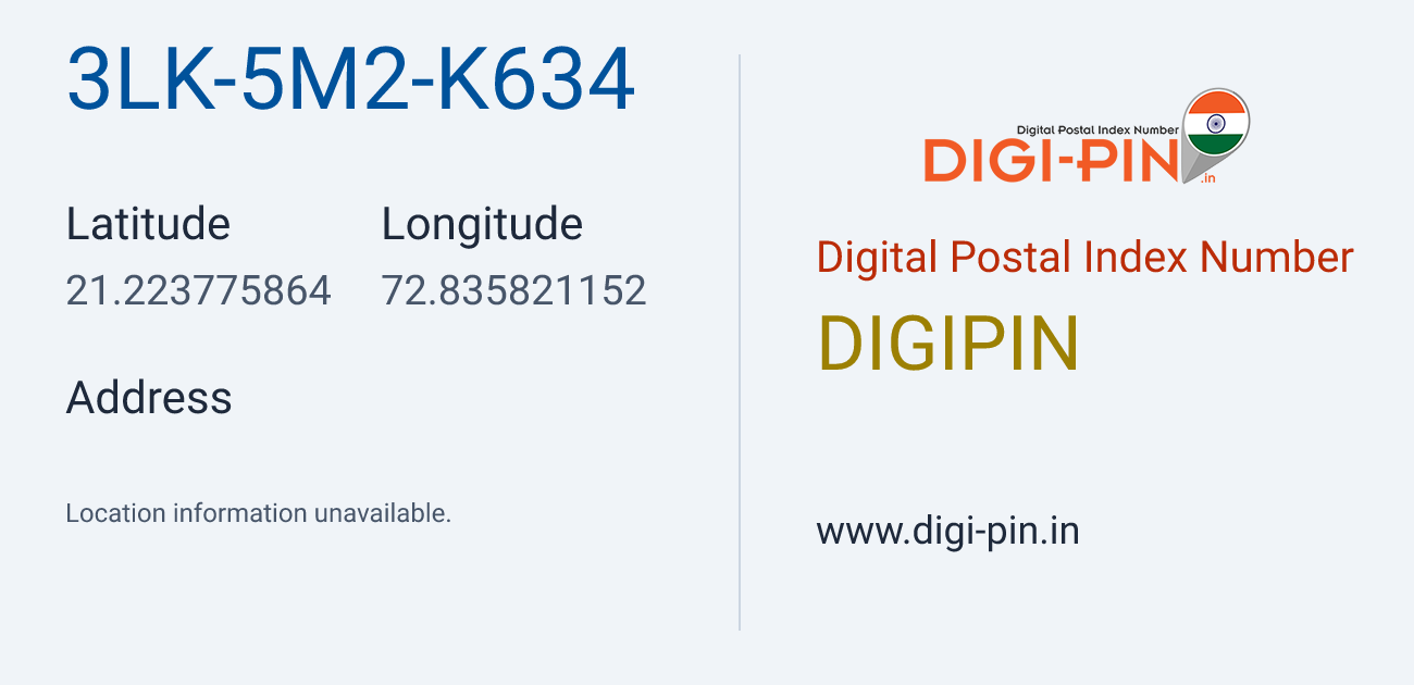 DigiPin 3LK-5M2-K634 location map showing coordinates 21.223776, 72.835821
