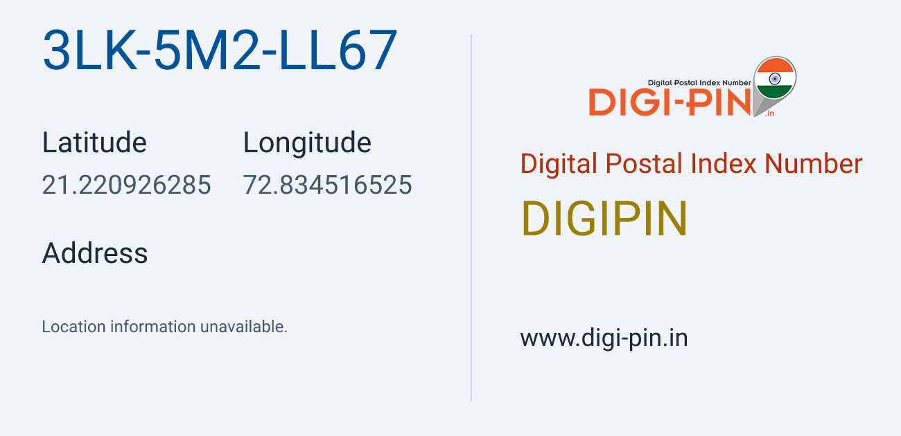 DigiPin 3LK-5M2-LL67 location map showing coordinates 21.220926, 72.834517