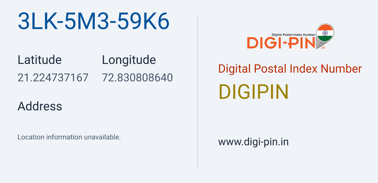 DigiPin 3LK-5M3-59K6 location map showing coordinates 21.224737, 72.830809