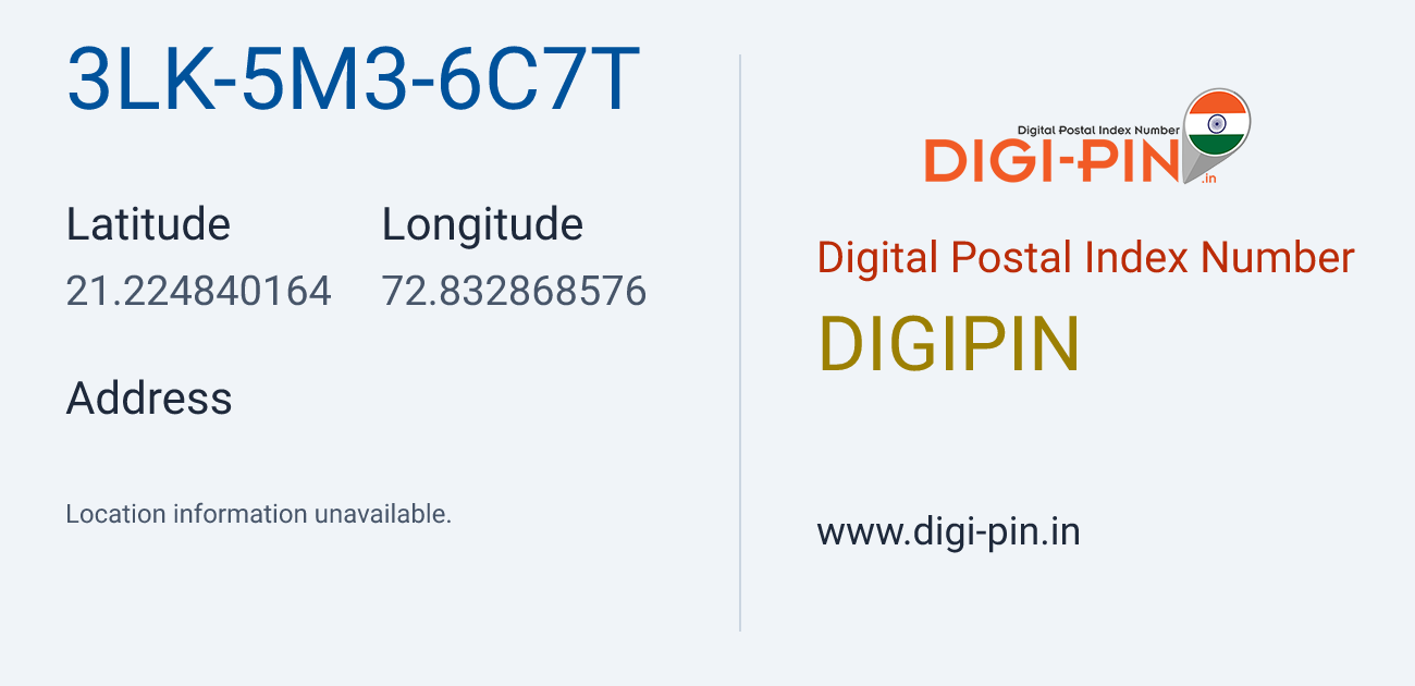 DigiPin 3LK-5M3-6C7T location map showing coordinates 21.224840, 72.832869