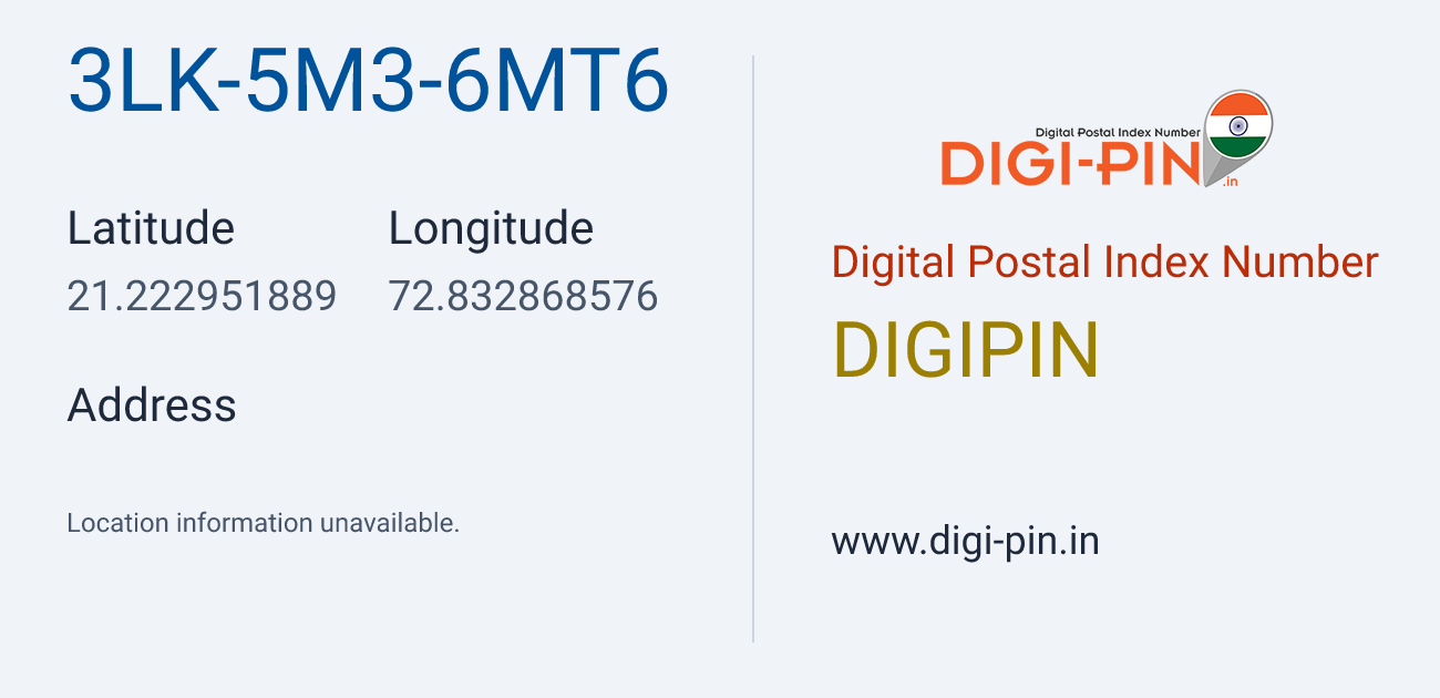 DigiPin 3LK-5M3-6MT6 location map showing coordinates 21.222952, 72.832869
