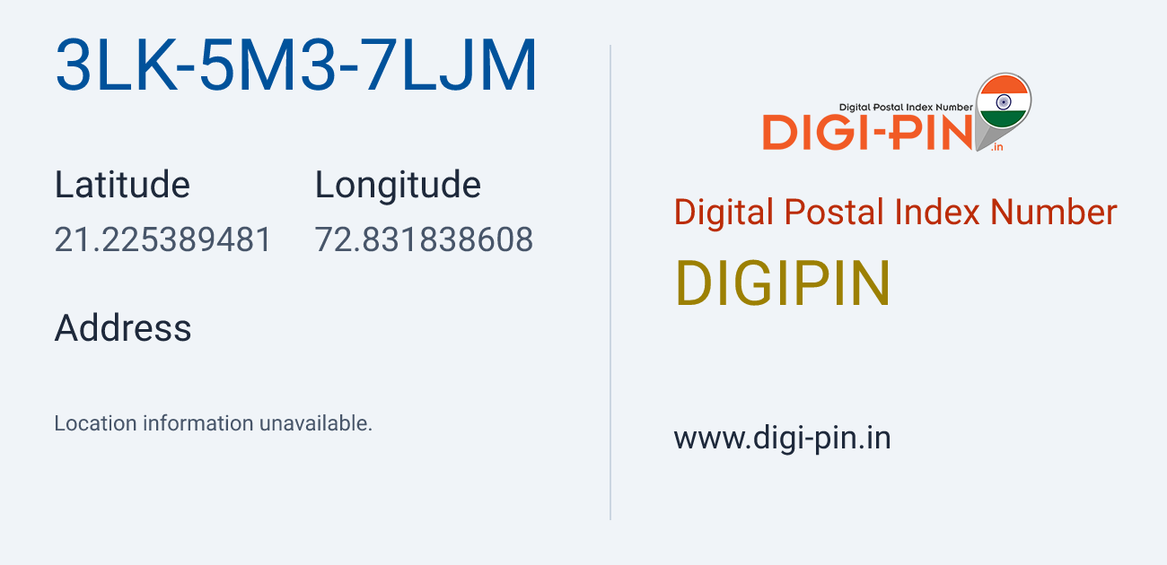 DigiPin 3LK-5M3-7LJM location map showing coordinates 21.225389, 72.831839