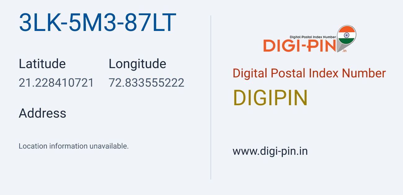 DigiPin 3LK-5M3-87LT location map showing coordinates 21.228411, 72.833555