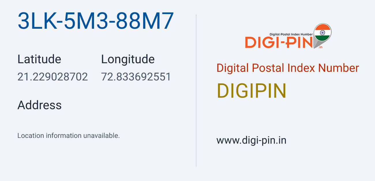 DigiPin 3LK-5M3-88M7 location map showing coordinates 21.229029, 72.833693
