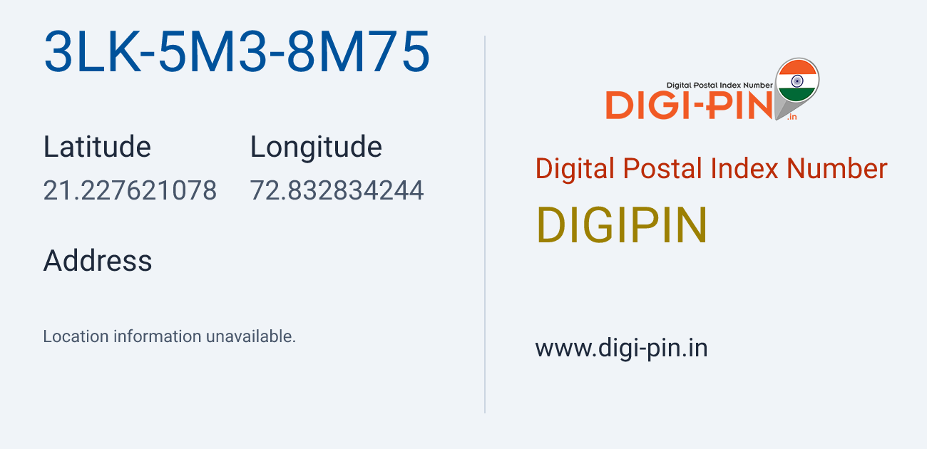DigiPin 3LK-5M3-8M75 location map showing coordinates 21.227621, 72.832834