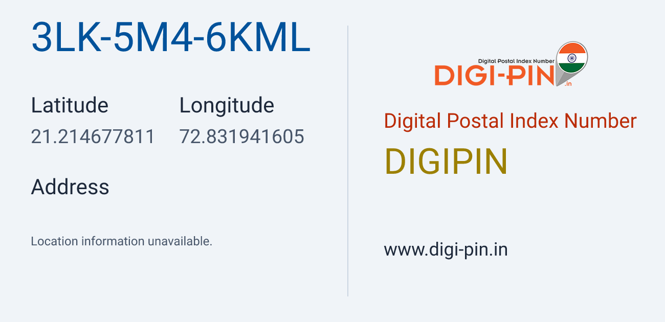 DigiPin 3LK-5M4-6KML location map showing coordinates 21.214678, 72.831942