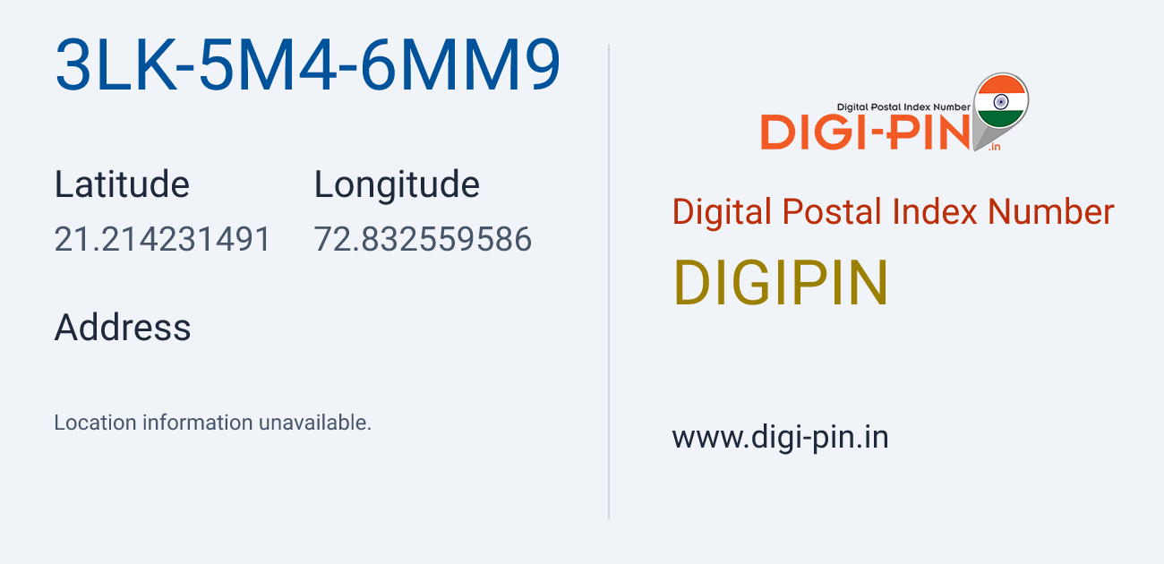 DigiPin 3LK-5M4-6MM9 location map showing coordinates 21.214231, 72.832560