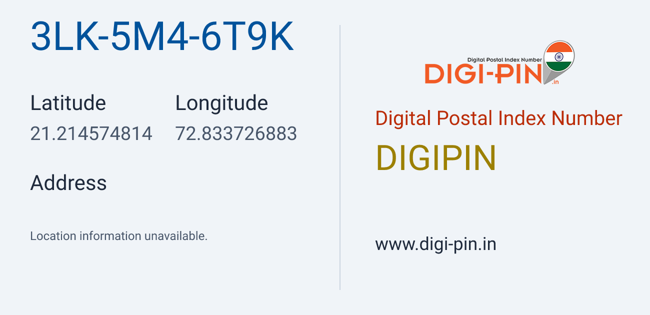 DigiPin 3LK-5M4-6T9K location map showing coordinates 21.214575, 72.833727