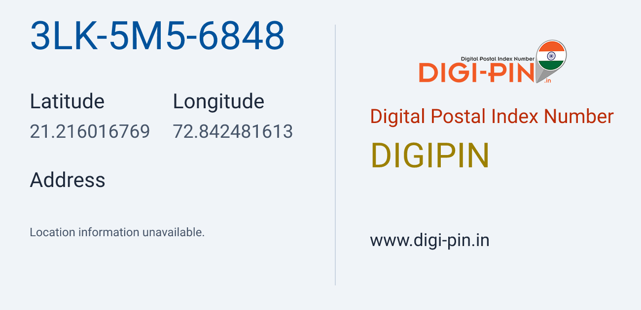 DigiPin 3LK-5M5-6848 location map showing coordinates 21.216017, 72.842482