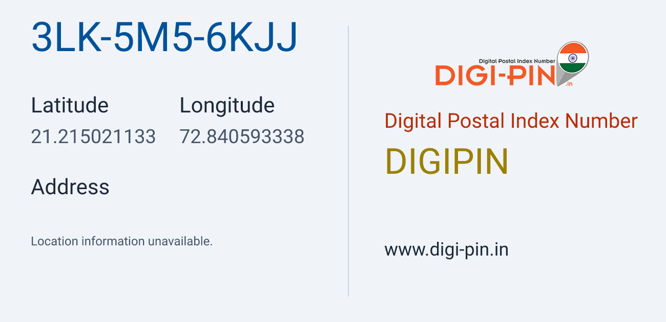 DigiPin 3LK-5M5-6KJJ location map showing coordinates 21.215021, 72.840593