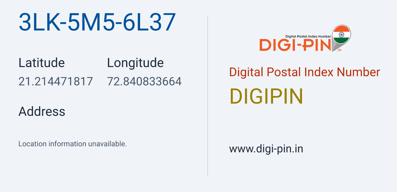 DigiPin 3LK-5M5-6L37 location map showing coordinates 21.214472, 72.840834