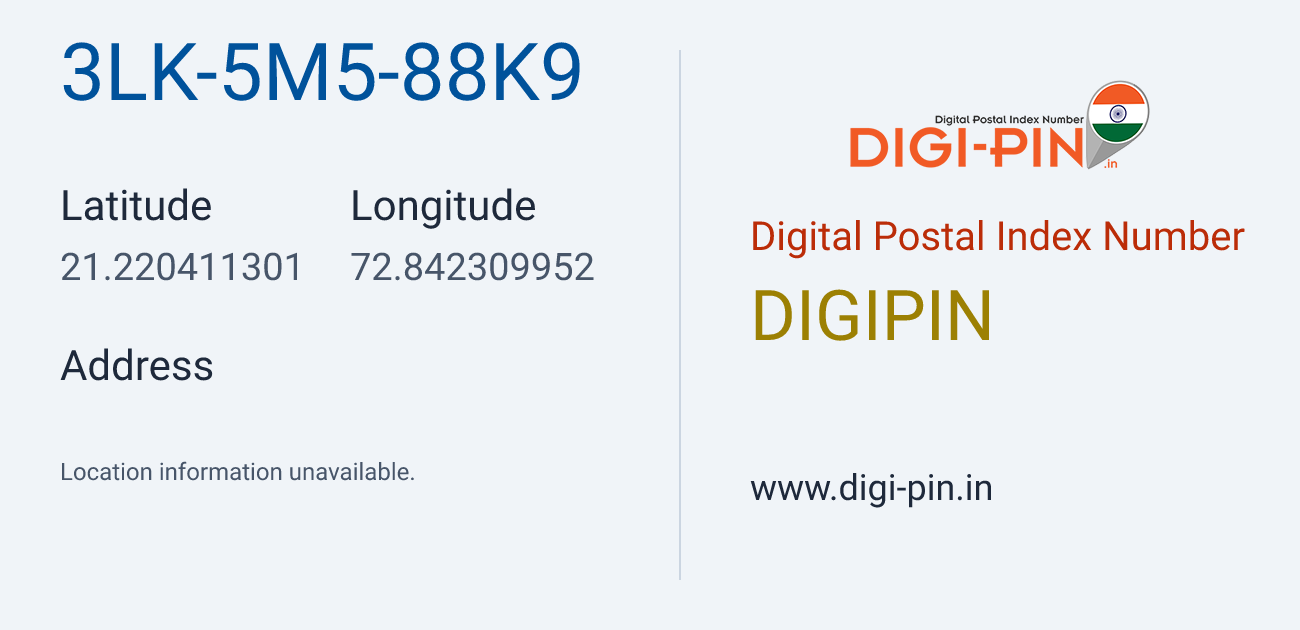 DigiPin 3LK-5M5-88K9 location map showing coordinates 21.220411, 72.842310