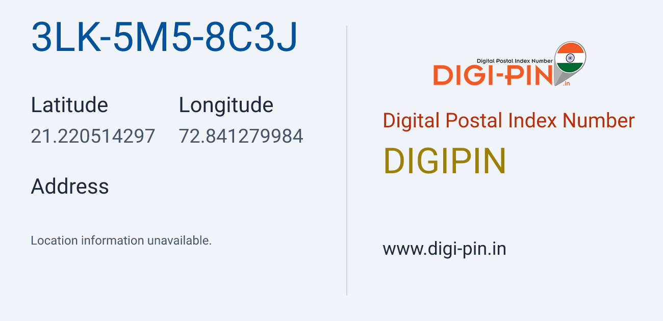 DigiPin 3LK-5M5-8C3J location map showing coordinates 21.220514, 72.841280