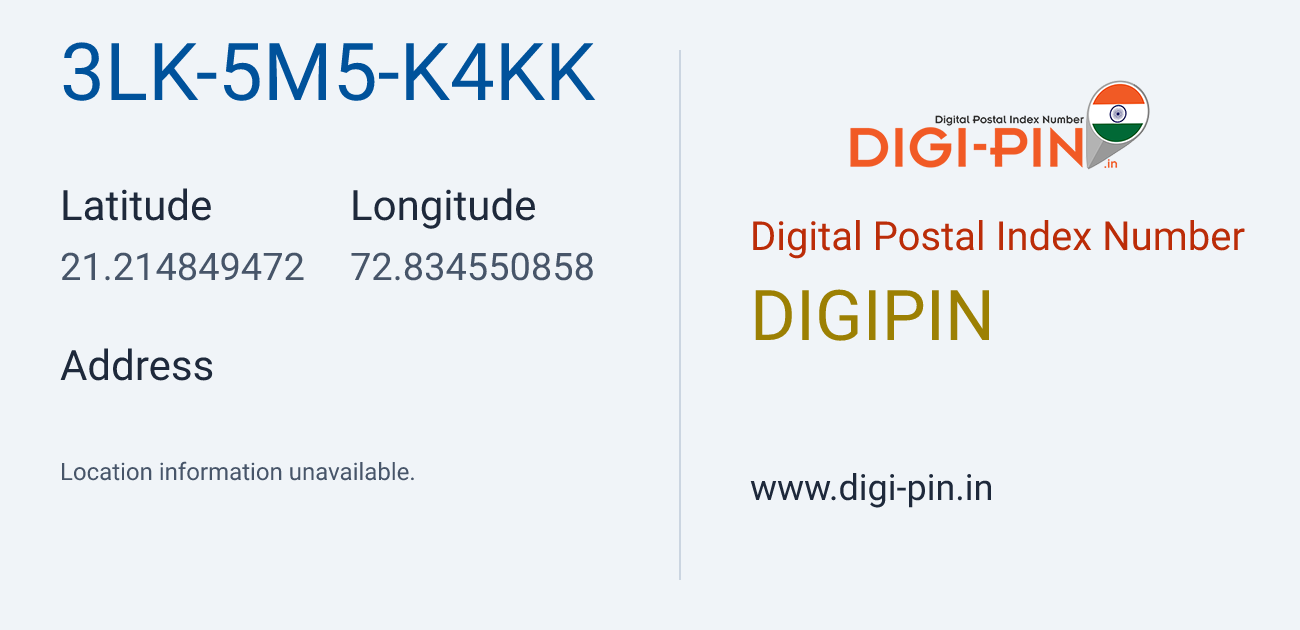 DigiPin 3LK-5M5-K4KK location map showing coordinates 21.214849, 72.834551