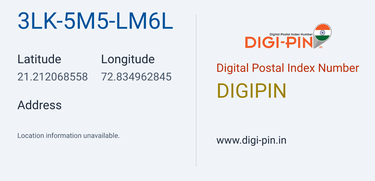 DigiPin 3LK-5M5-LM6L location map showing coordinates 21.212069, 72.834963