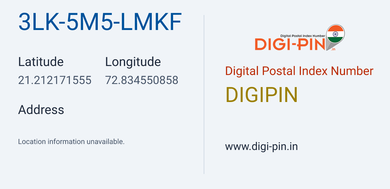 DigiPin 3LK-5M5-LMKF location map showing coordinates 21.212172, 72.834551