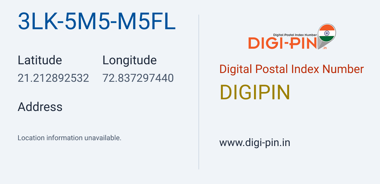 DigiPin 3LK-5M5-M5FL location map showing coordinates 21.212893, 72.837297