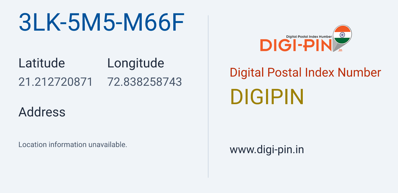 DigiPin 3LK-5M5-M66F location map showing coordinates 21.212721, 72.838259