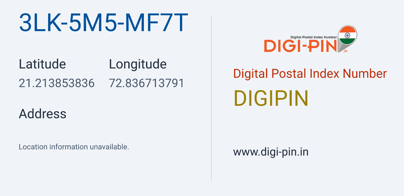 DigiPin 3LK-5M5-MF7T location map showing coordinates 21.213854, 72.836714