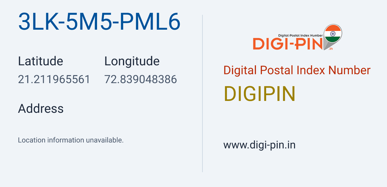 DigiPin 3LK-5M5-PML6 location map showing coordinates 21.211966, 72.839048