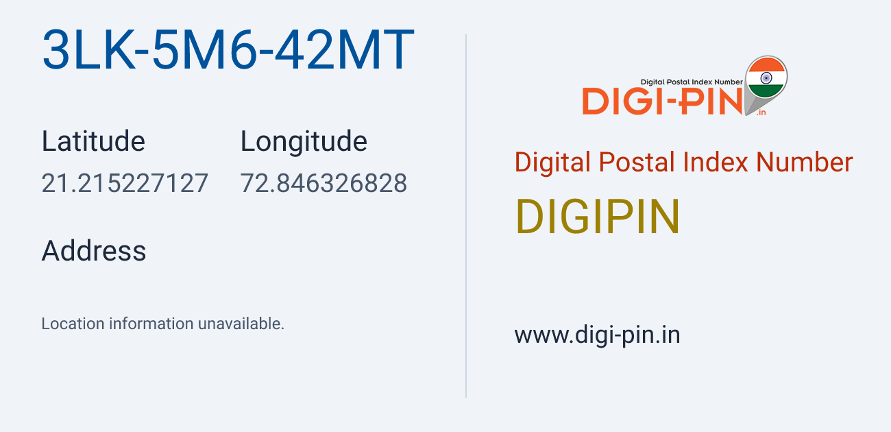 DigiPin 3LK-5M6-42MT location map showing coordinates 21.215227, 72.846327