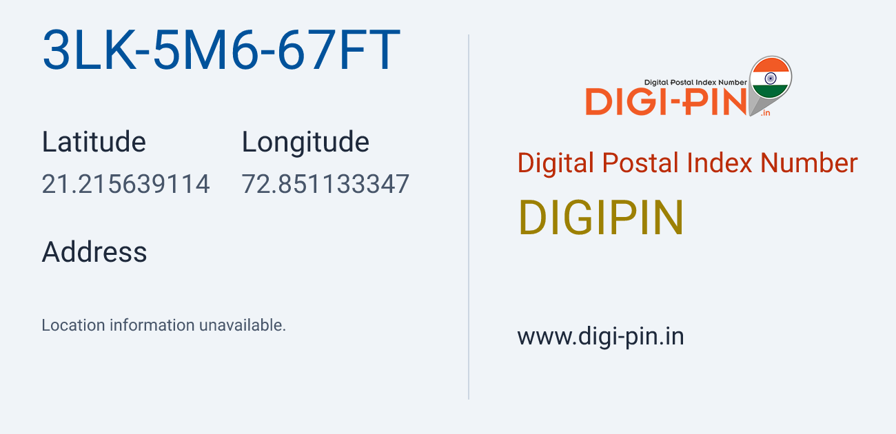 DigiPin 3LK-5M6-67FT location map showing coordinates 21.215639, 72.851133