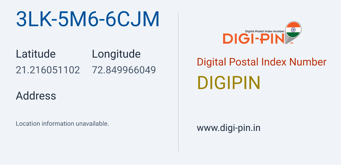 DigiPin 3LK-5M6-6CJM location map showing coordinates 21.216051, 72.849966
