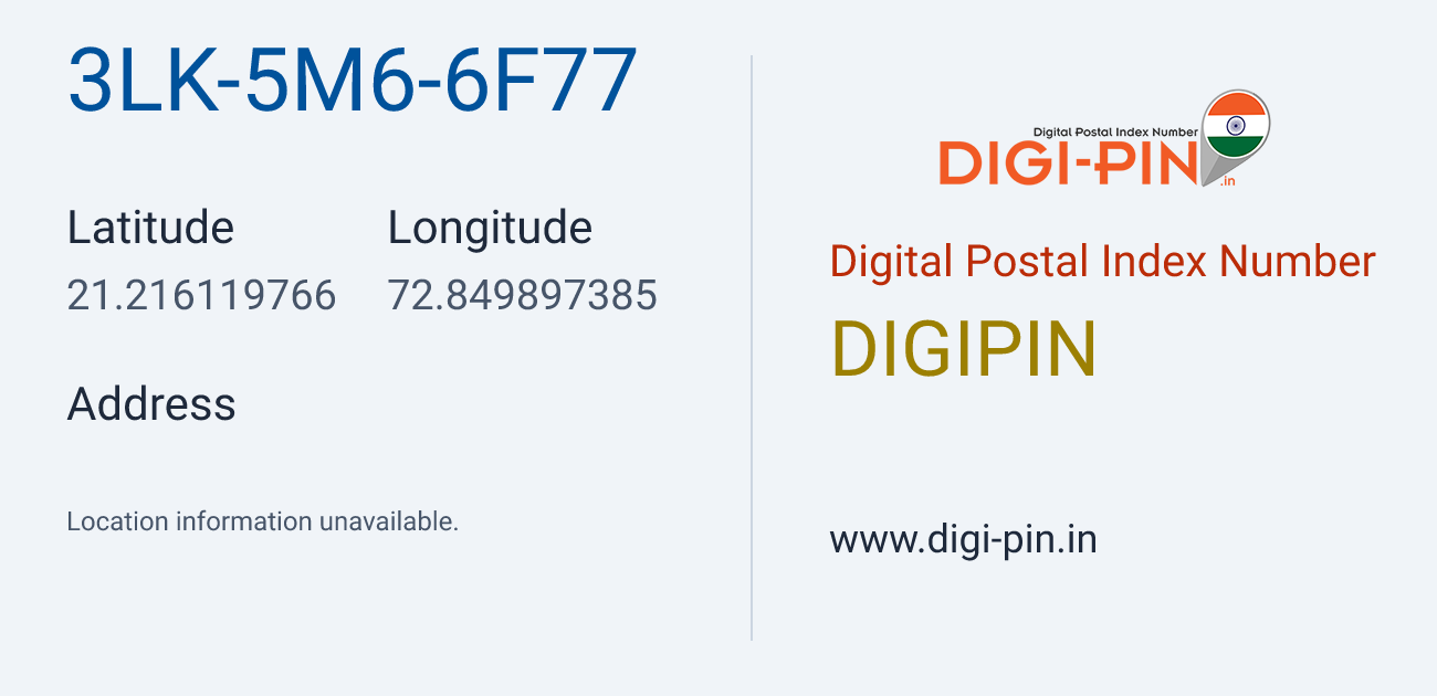DigiPin 3LK-5M6-6F77 location map showing coordinates 21.216120, 72.849897