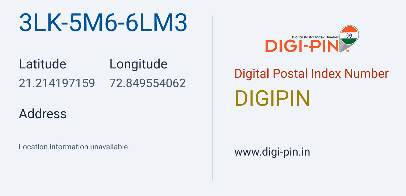 DigiPin 3LK-5M6-6LM3 location map showing coordinates 21.214197, 72.849554