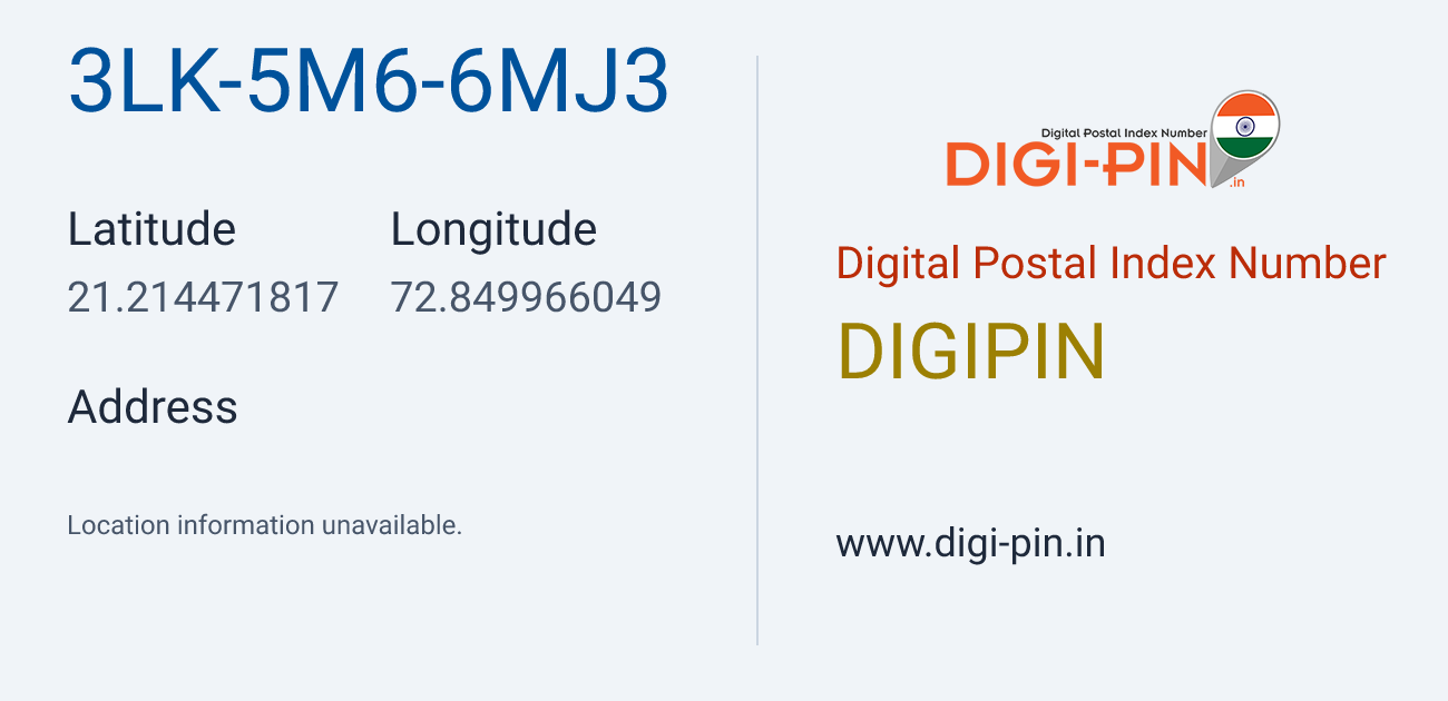 DigiPin 3LK-5M6-6MJ3 location map showing coordinates 21.214472, 72.849966
