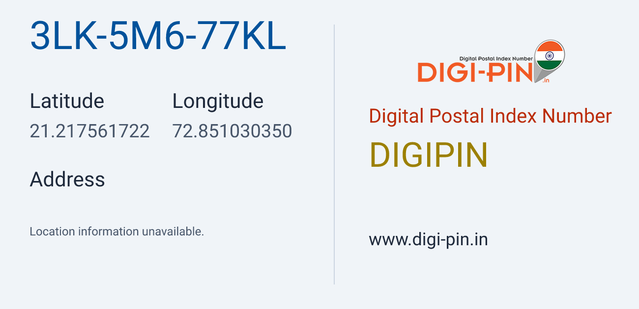 DigiPin 3LK-5M6-77KL location map showing coordinates 21.217562, 72.851030