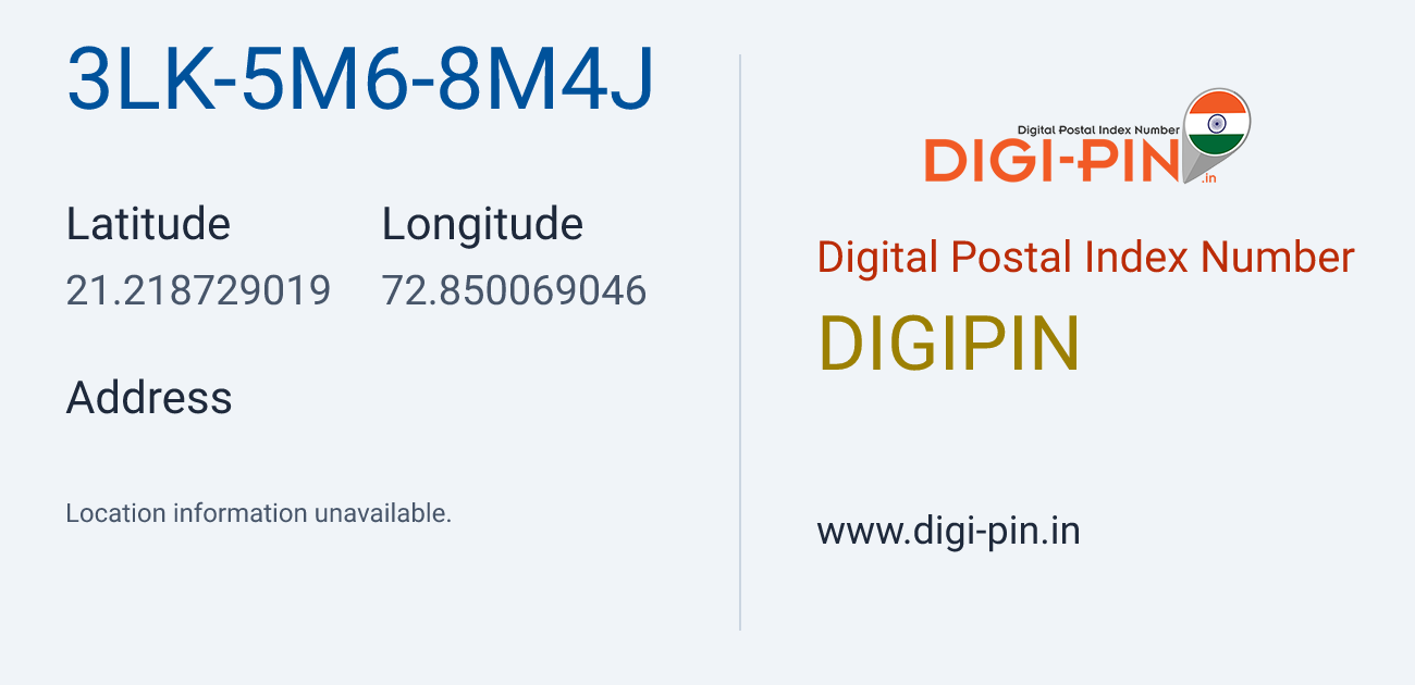 DigiPin 3LK-5M6-8M4J location map showing coordinates 21.218729, 72.850069