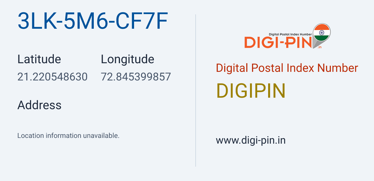 DigiPin 3LK-5M6-CF7F location map showing coordinates 21.220549, 72.845400