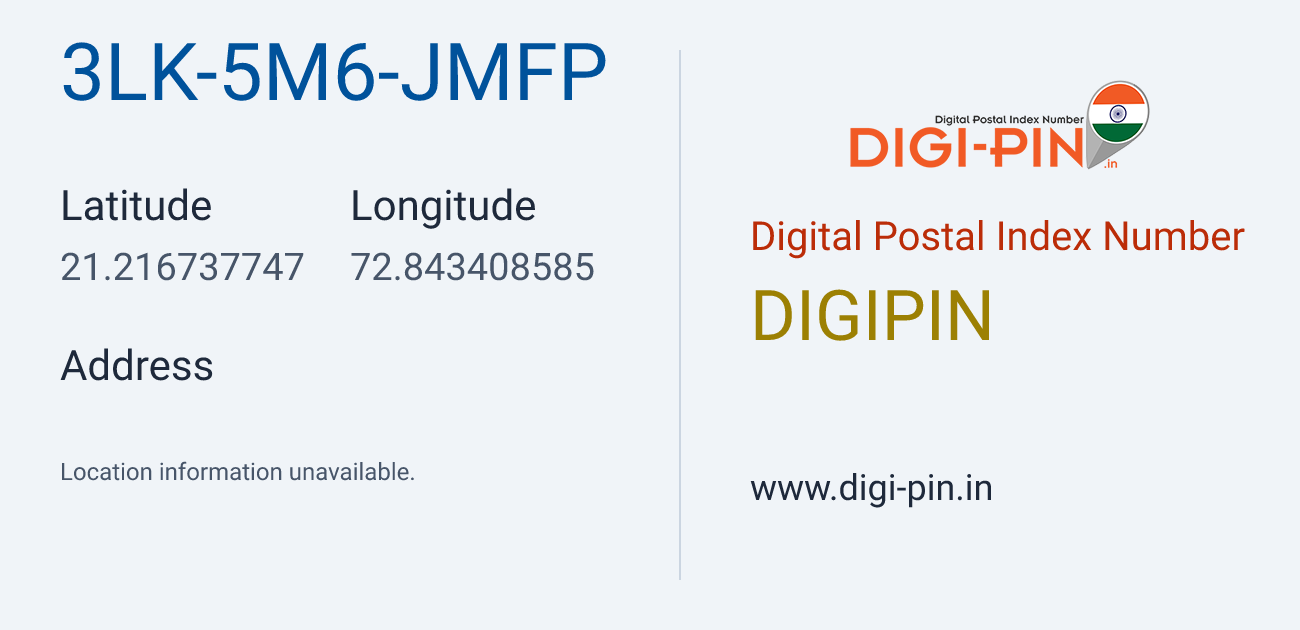 DigiPin 3LK-5M6-JMFP location map showing coordinates 21.216738, 72.843409