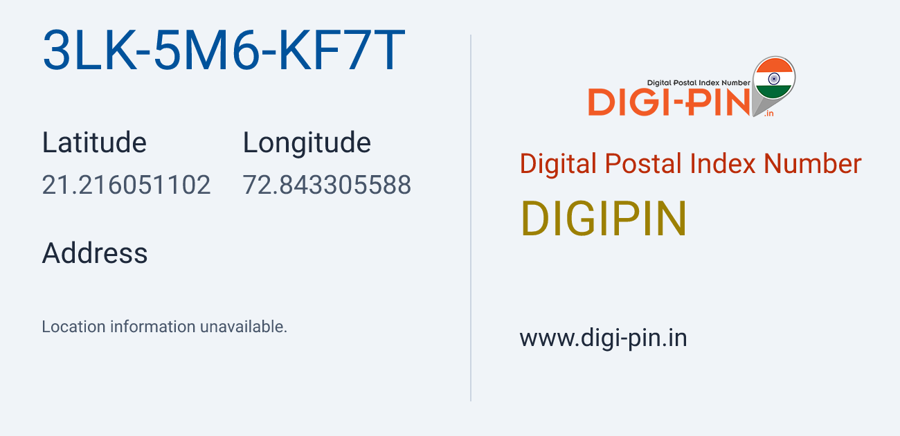 DigiPin 3LK-5M6-KF7T location map showing coordinates 21.216051, 72.843306