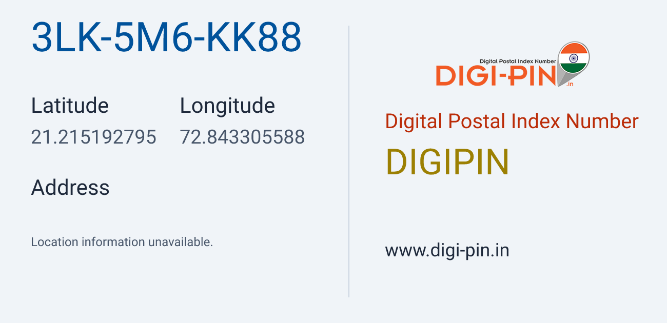 DigiPin 3LK-5M6-KK88 location map showing coordinates 21.215193, 72.843306