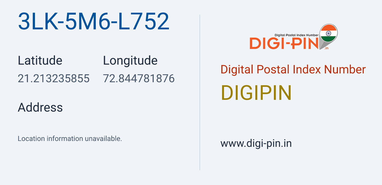 DigiPin 3LK-5M6-L752 location map showing coordinates 21.213236, 72.844782