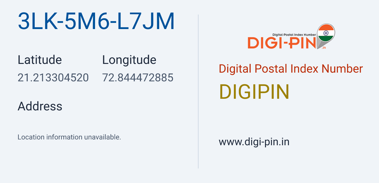 DigiPin 3LK-5M6-L7JM location map showing coordinates 21.213305, 72.844473