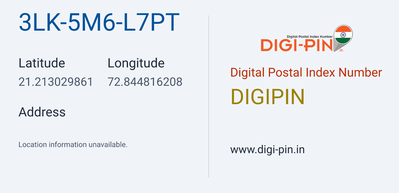DigiPin 3LK-5M6-L7PT location map showing coordinates 21.213030, 72.844816