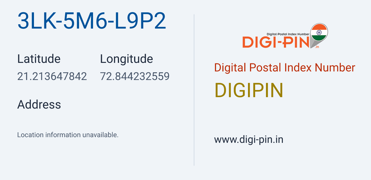 DigiPin 3LK-5M6-L9P2 location map showing coordinates 21.213648, 72.844233